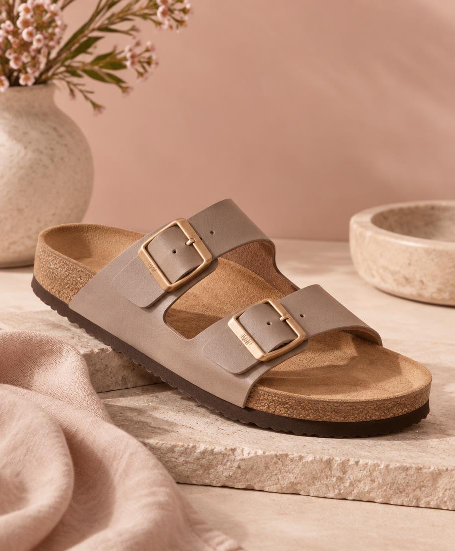 Women's tan leather two-strap sandals with gold buckles