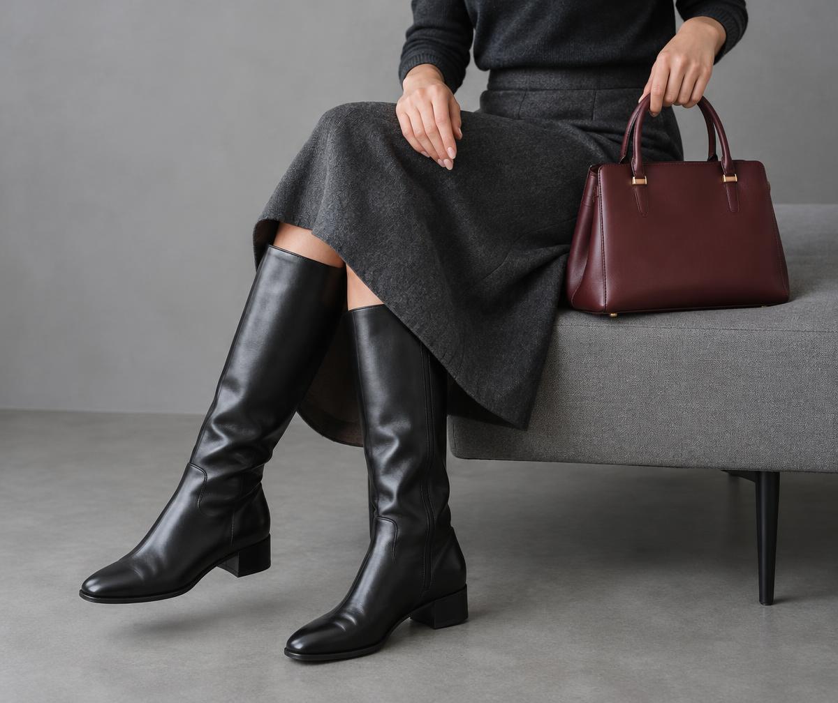 Women’s black leather knee-high boots paired with a burgundy leather handbag
